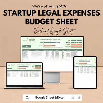 Startup Legal Expenses Budget Sheet | Excel & Google Sheets | Financial Management Template | Expense Tracker | Business Planning Tool