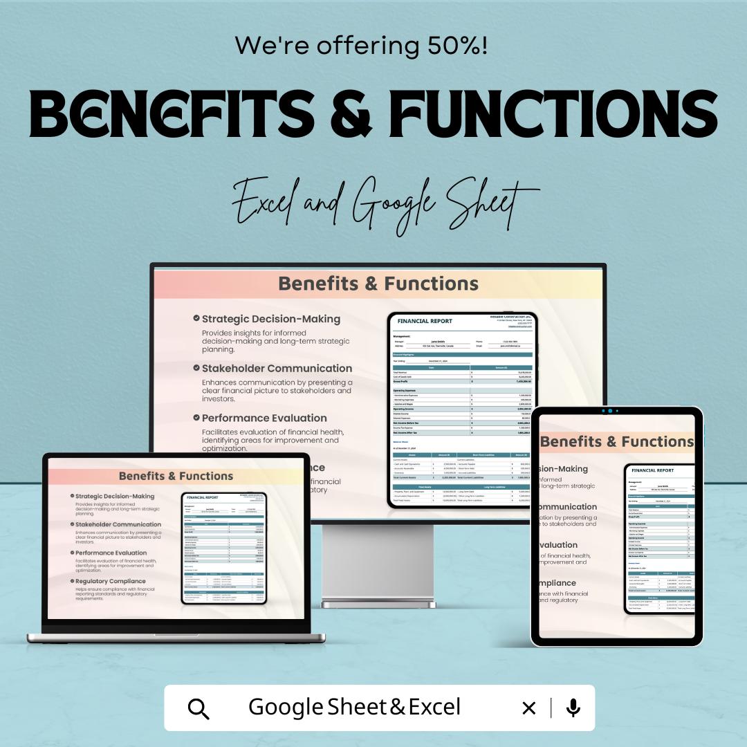 Financial Report Sheet Template | Excel & Google Sheets | Income Statement, Balance Sheet, Cash Flow, Financial Analysis Tool