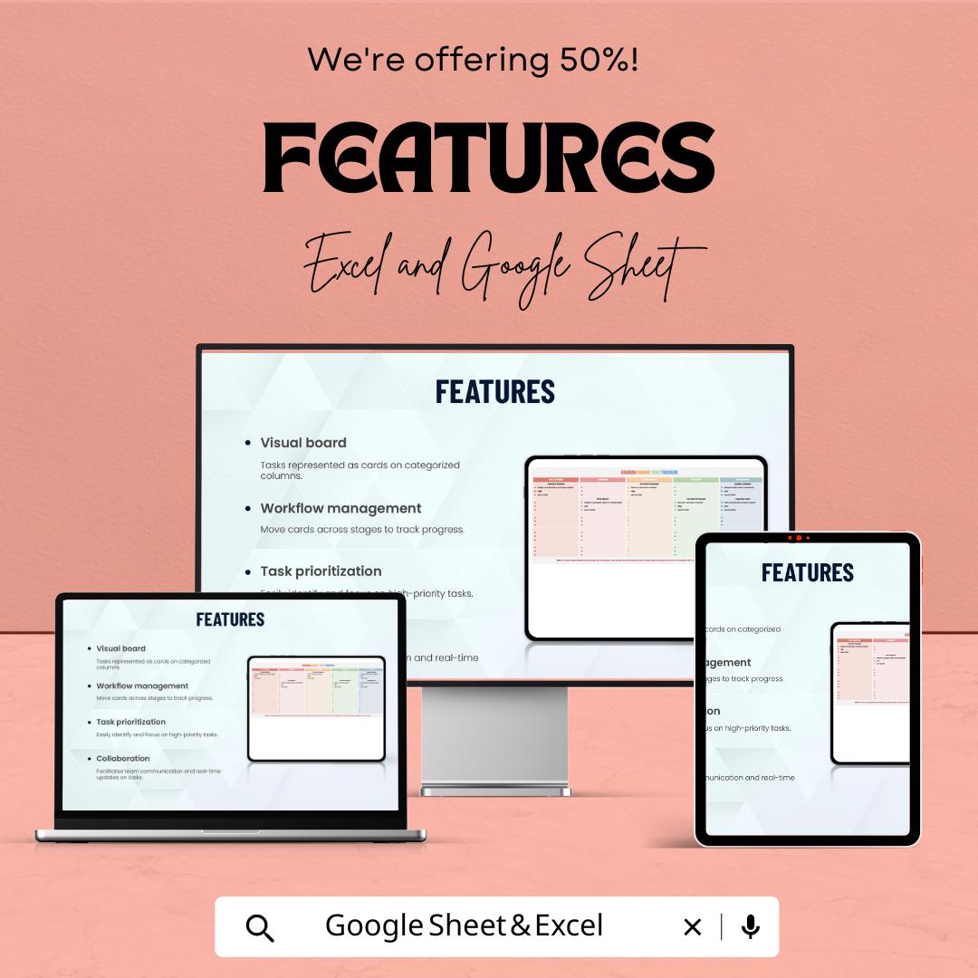 Kanban Board Task Tracker Template - Excel & Google Sheets - Organize Your Workflow - Task Management System - 50% Off