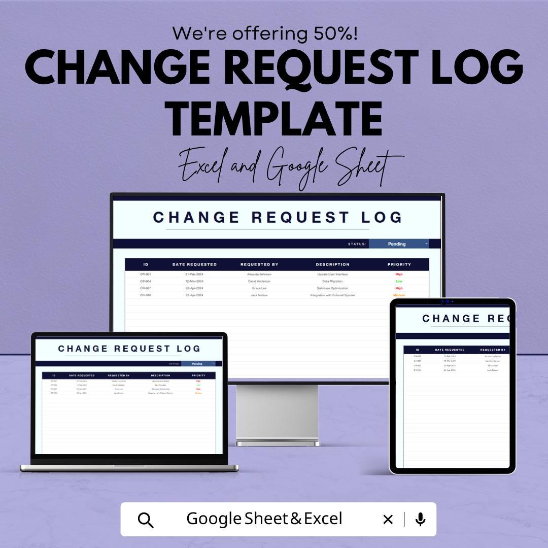 Change Request Log Template | Project Change Tracker | Budget Management Spreadsheet | Excel & Google Sheets Template | Project Management