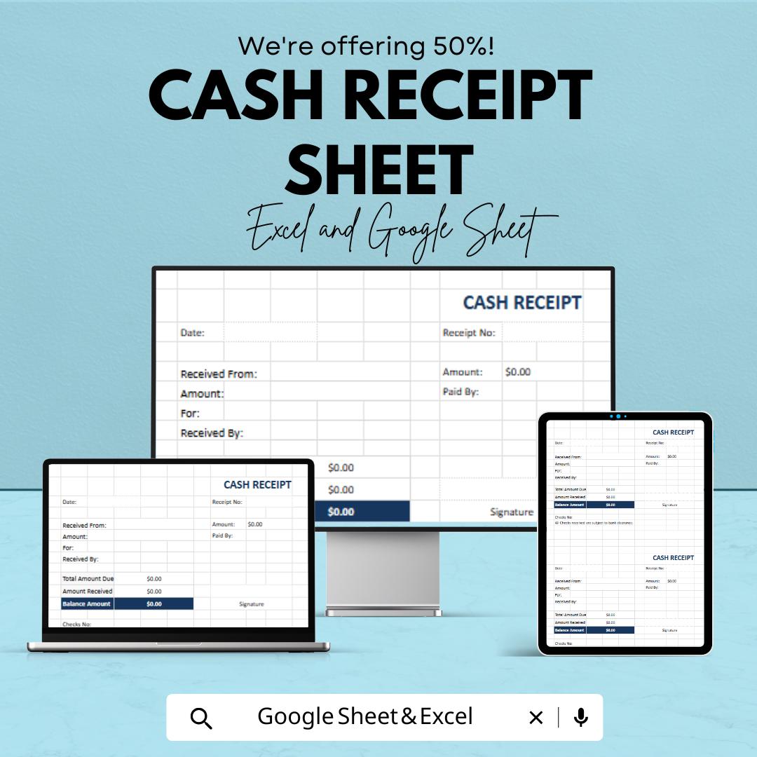 Cash Receipt Sheet for Excel & Google Sheets – Payment Acknowledgment, Printable Receipt Template, Customizable Cash Receipt, 50% Off