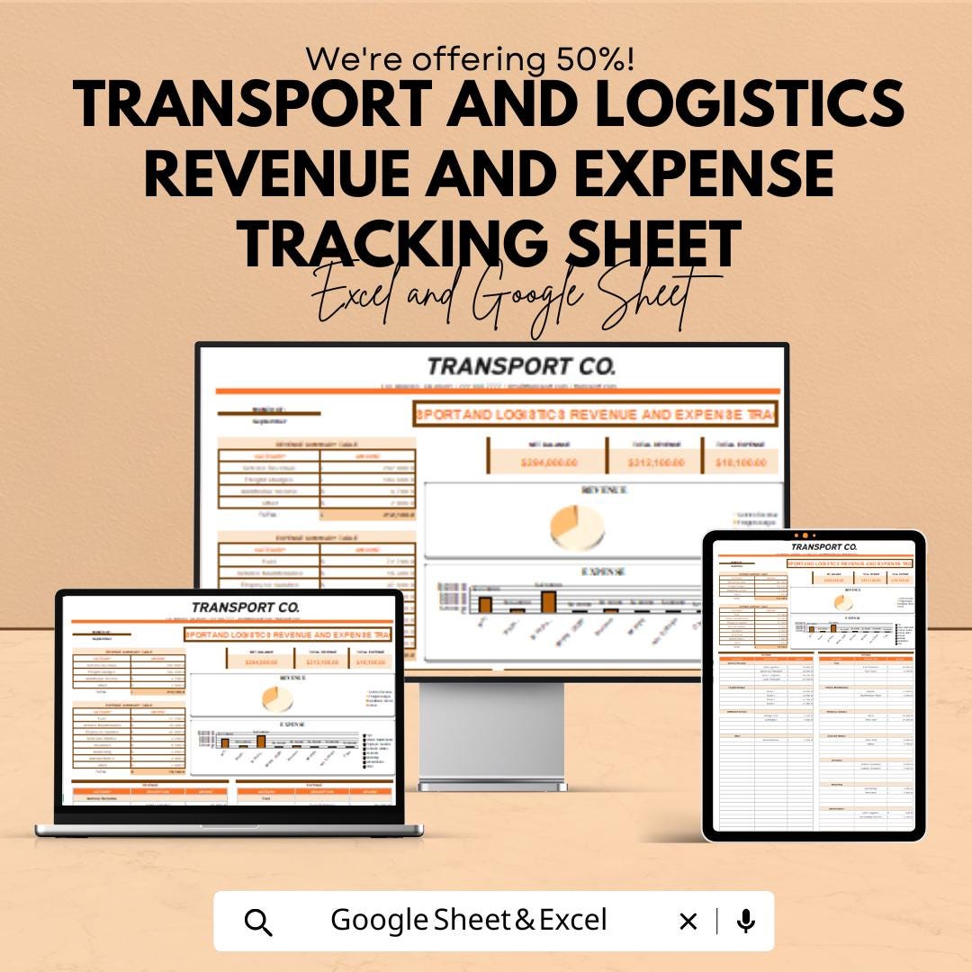 Transport and Logistics Revenue and Expense Tracking Sheet | Excel & Google Sheet Template | Financial Management for Transport Companies