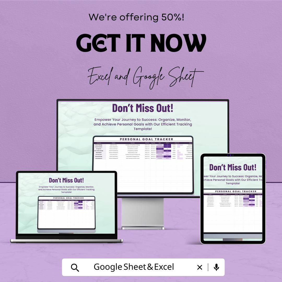 Personal Goal Tracker Template | Goal Planning Spreadsheet for Google Sheets & Excel | Habit Tracker | Productivity Dashboard