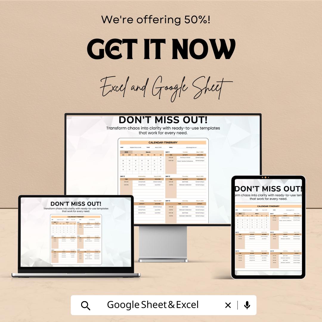 Calendar Itinerary Template | Excel and Google Sheets Planner | Event Schedule Organizer | Daily Travel Itinerary | Trip Plan Schedule Sheet