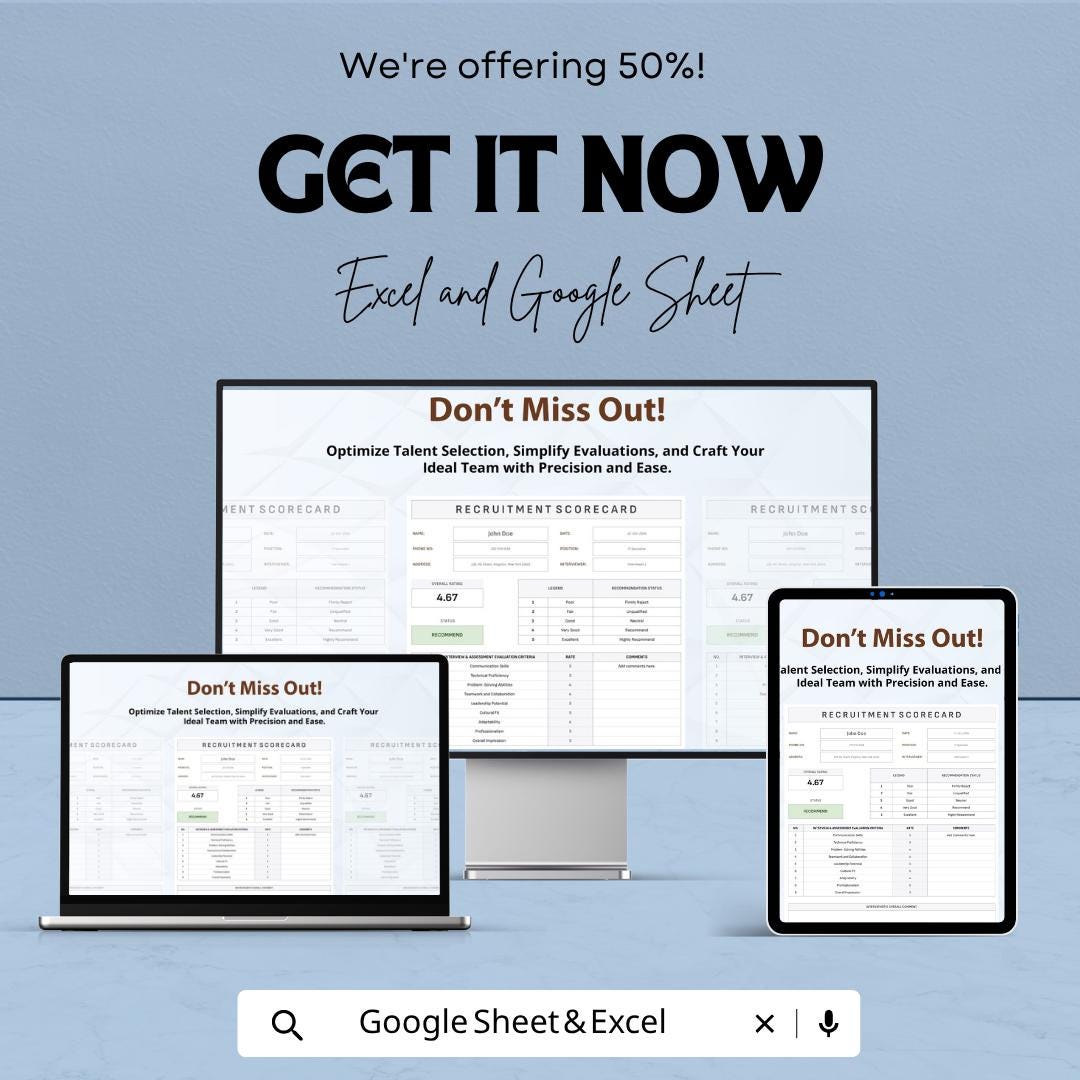 Recruitment Scorecard Template | Hiring Evaluation Scorecard | Candidate Assessment Spreadsheet |  Interview Rating Sheet
