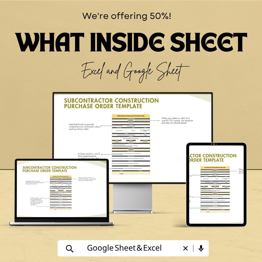 Subcontractor Construction Purchase Order Template | Contractor Procurement Tracker | Project Purchase Order Spreadsheet |