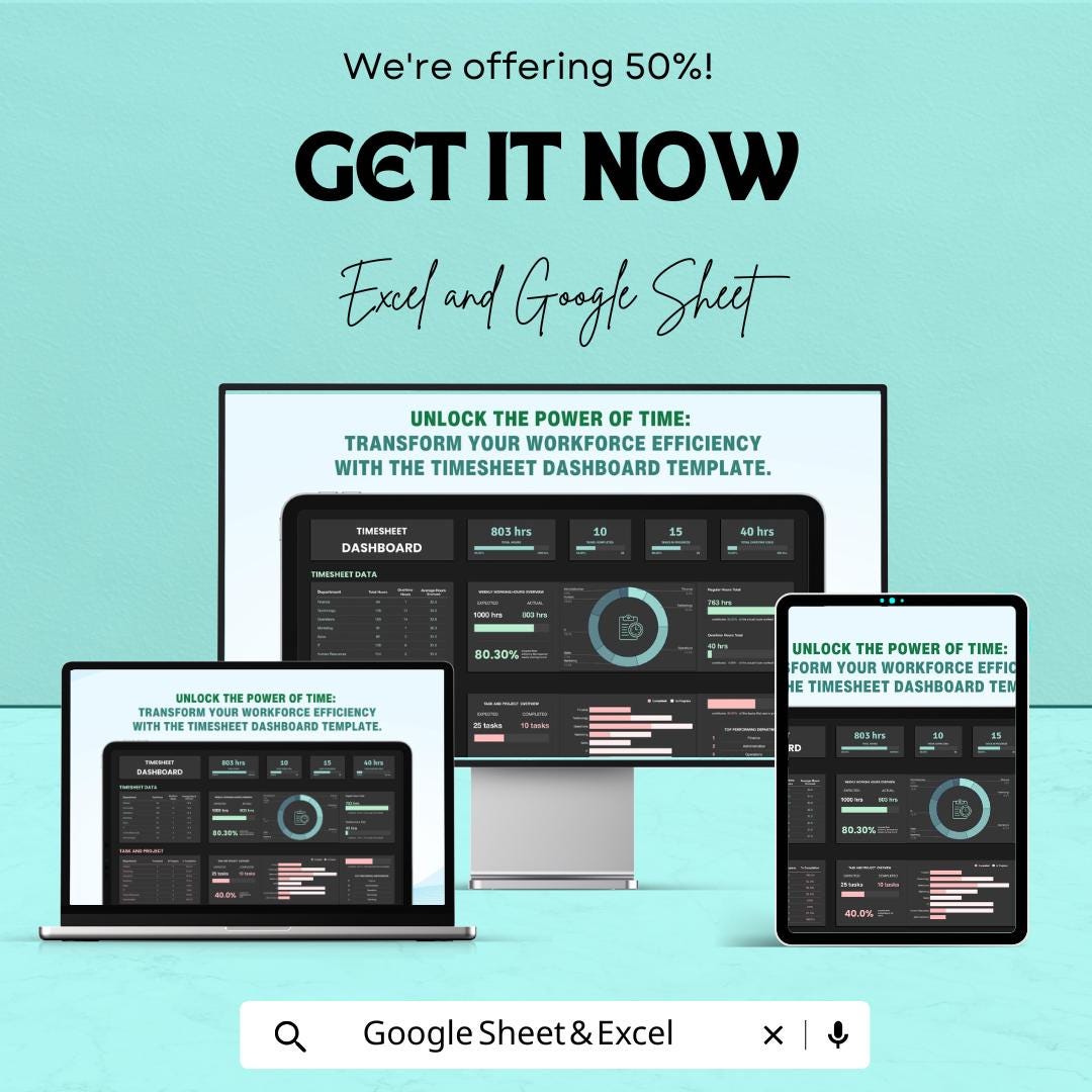 Timesheet Dashboard - Employee Timesheet Tracker - Google Sheet Template - Time Management Dashboard - Task & Project Tracking Sheet