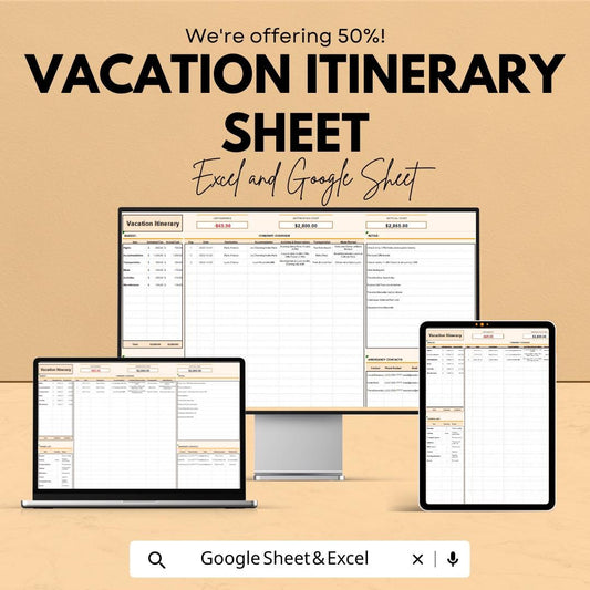 Vacation Itinerary Sheet for Excel & Google Sheets – Travel Planner, Vacation Schedule Template, Holiday Planner, Vacation Organizer,