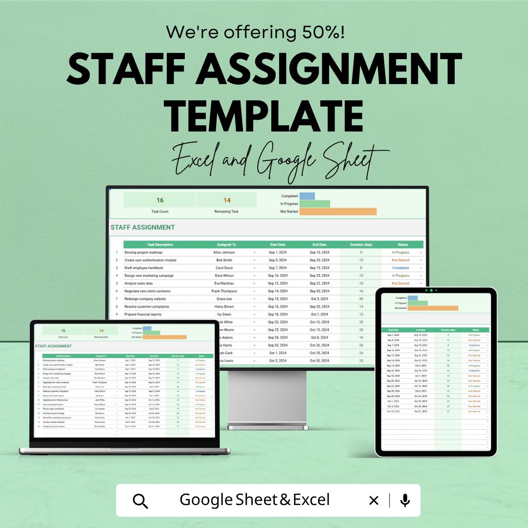 Staff Assignment Template | Employee Task Tracker | Work Assignment Planner | Team Task Management Spreadsheet