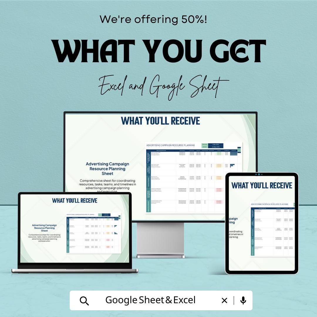 Advertising Campaign Resource Planning Template  | Marketing Campaign Planner | Project Timeline Tracker | Campaign Management Sheet