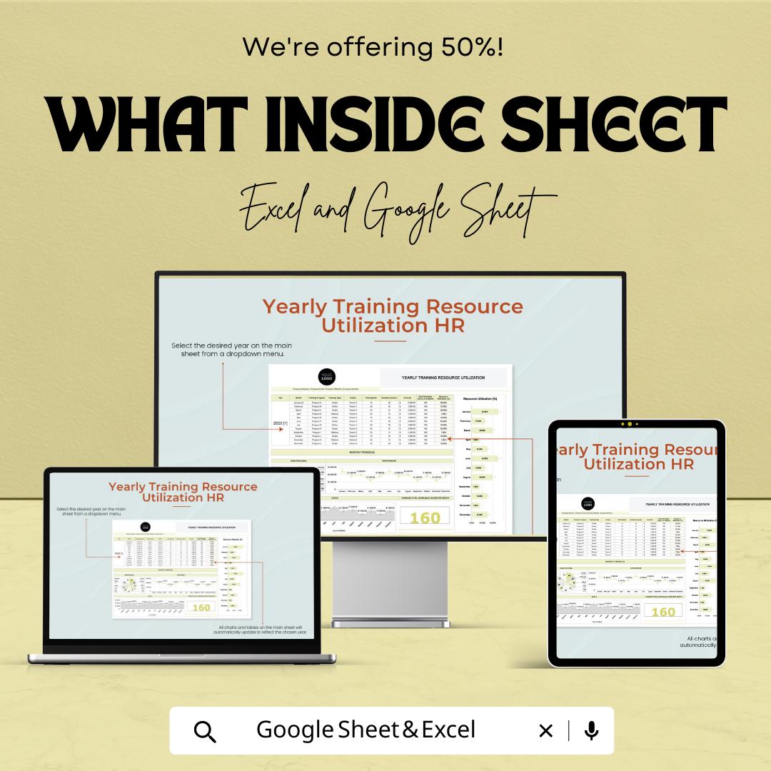 Yearly Training Resource Utilization HR Template, Training Tracker Spreadsheet, HR Training Planner, Excel & Google Sheets
