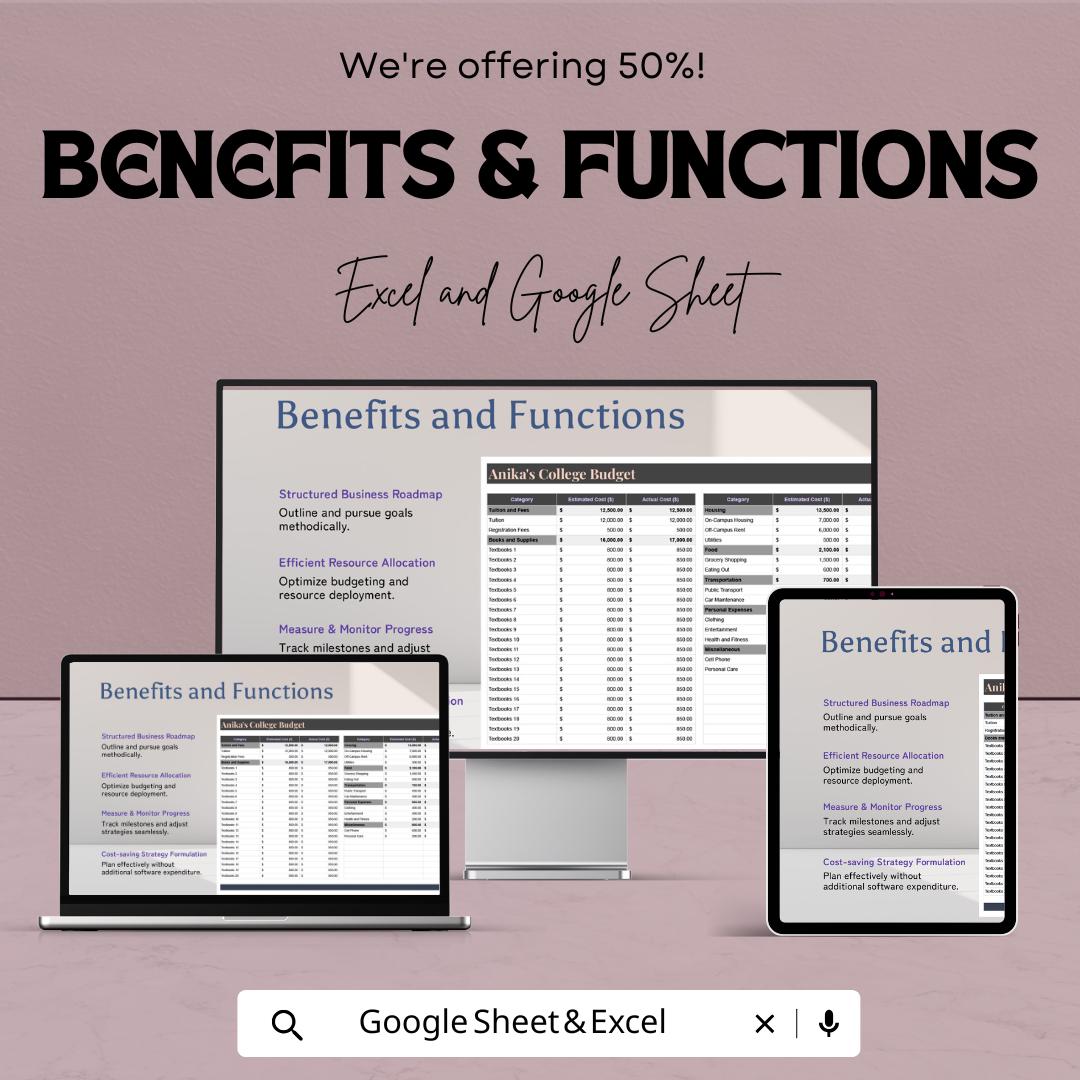 College Budget Sheet - Excel & Google Sheets Template for Managing College Expenses - 50% Off