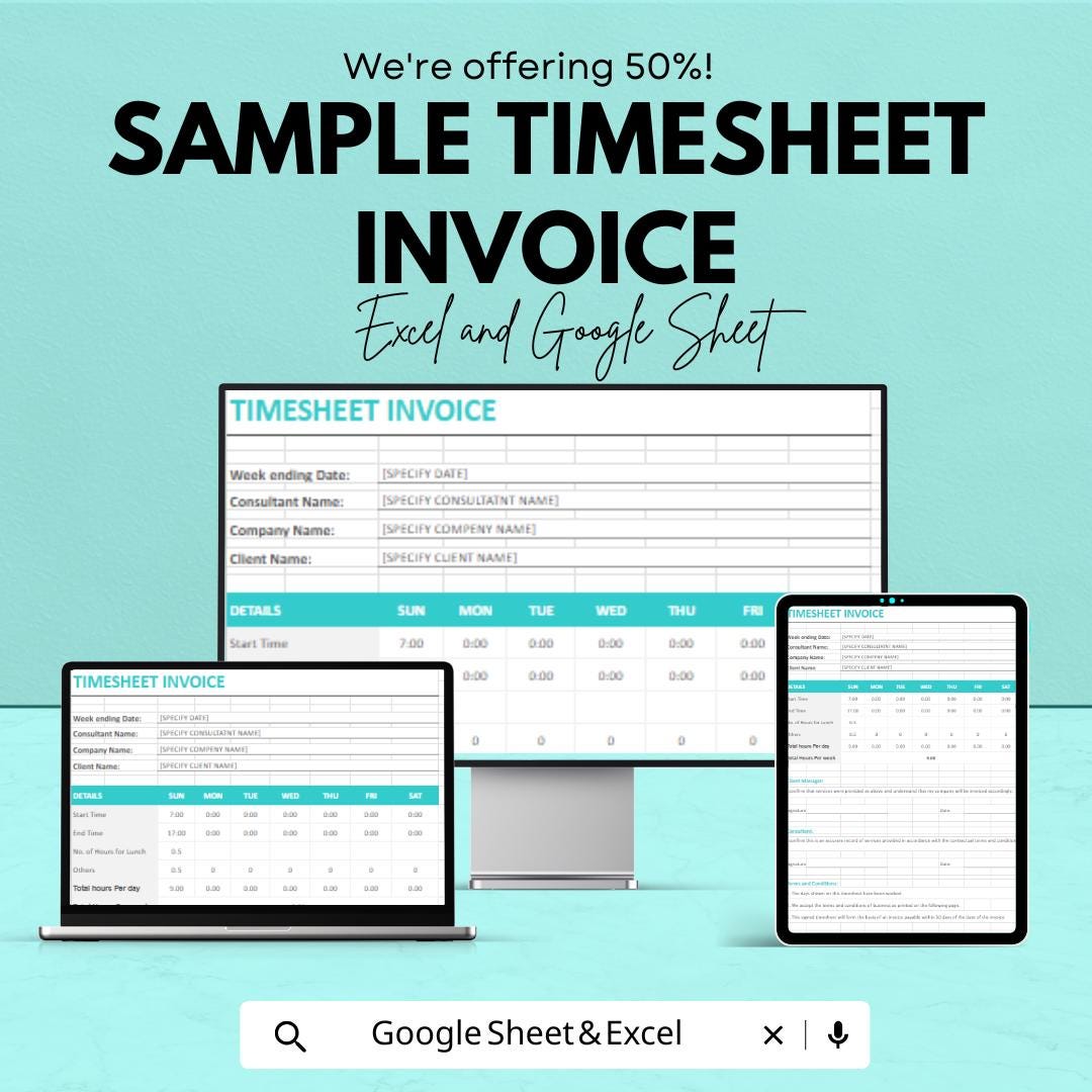 Sample Timesheet Invoice Sheet - Customizable Template for Freelancers, Excel & Google Sheets, Track Billable Hours and Payments