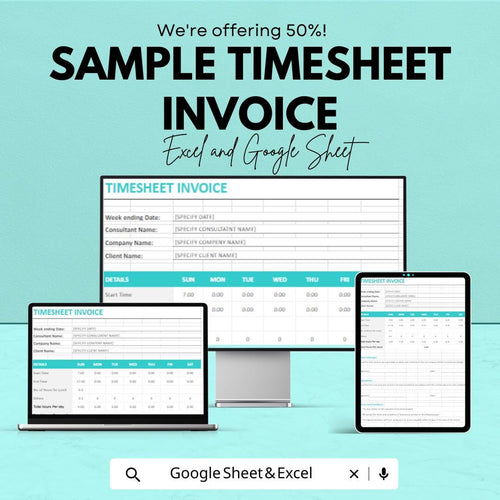 Sample Timesheet Invoice Sheet - Customizable Template for Freelancers, Excel & Google Sheets, Track Billable Hours and Payments