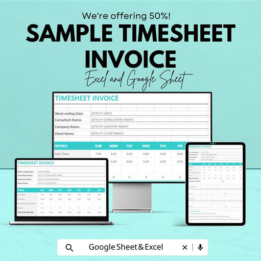 Sample Timesheet Invoice Sheet - Customizable Template for Freelancers, Excel & Google Sheets, Track Billable Hours and Payments