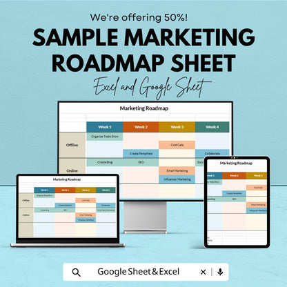 Sample Marketing Roadmap Sheet | Excel and Google Sheets Template | Weekly Marketing Plan | Task Management & Strategy