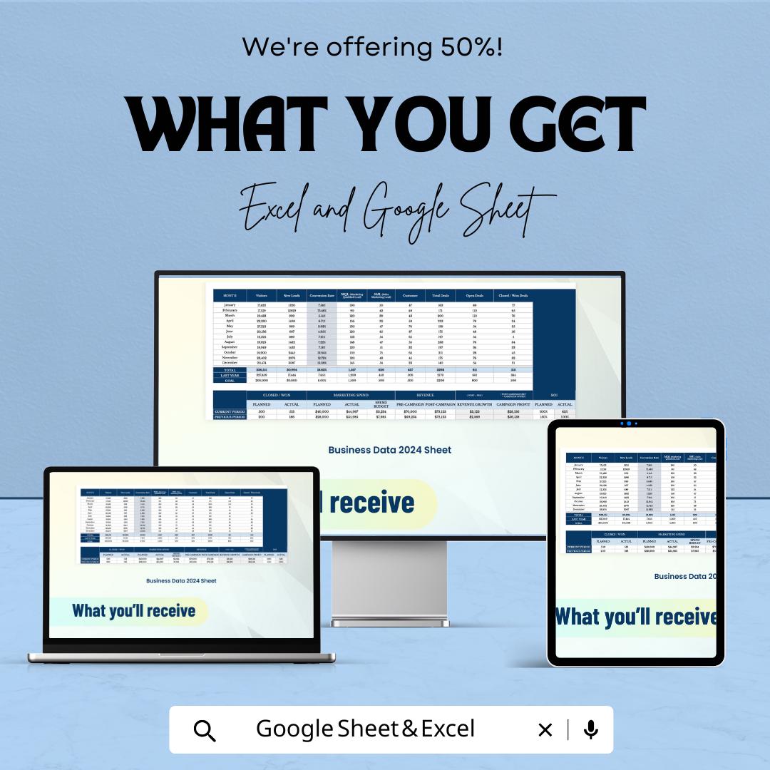 Business Dashboard Template | KPI Tracker Spreadsheet | Excel and Google Sheets Dashboard | Business Metrics Report Template