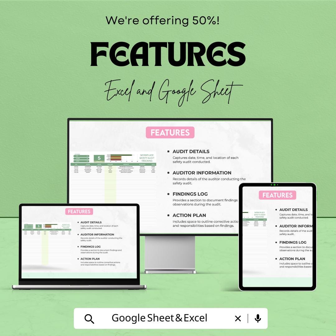Workplace Safety Audit Tracking Sheet Template | Safety Audit Checklist & Tracker | Compliance Audit Log | Excel and Google Sheets