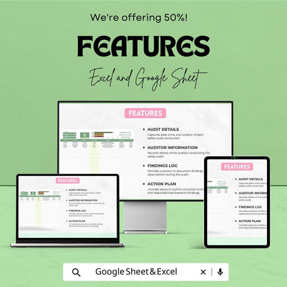 Workplace Safety Audit Tracking Sheet Template | Safety Audit Checklist & Tracker | Compliance Audit Log | Excel and Google Sheets