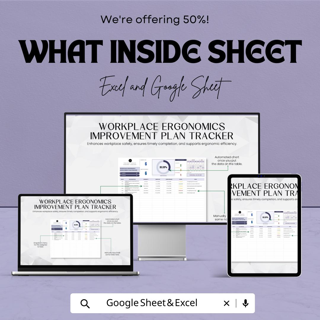 Workplace Ergonomics Improvement Plan Tracker | Ergonomic Assessment Tool | Excel & Google Sheets