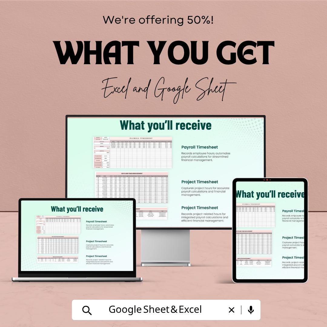 Payroll Timesheet Template | Employee Timesheet Spreadsheet | Work Hours Tracker | Excel & Google Sheets | Payroll Tracker Sheet