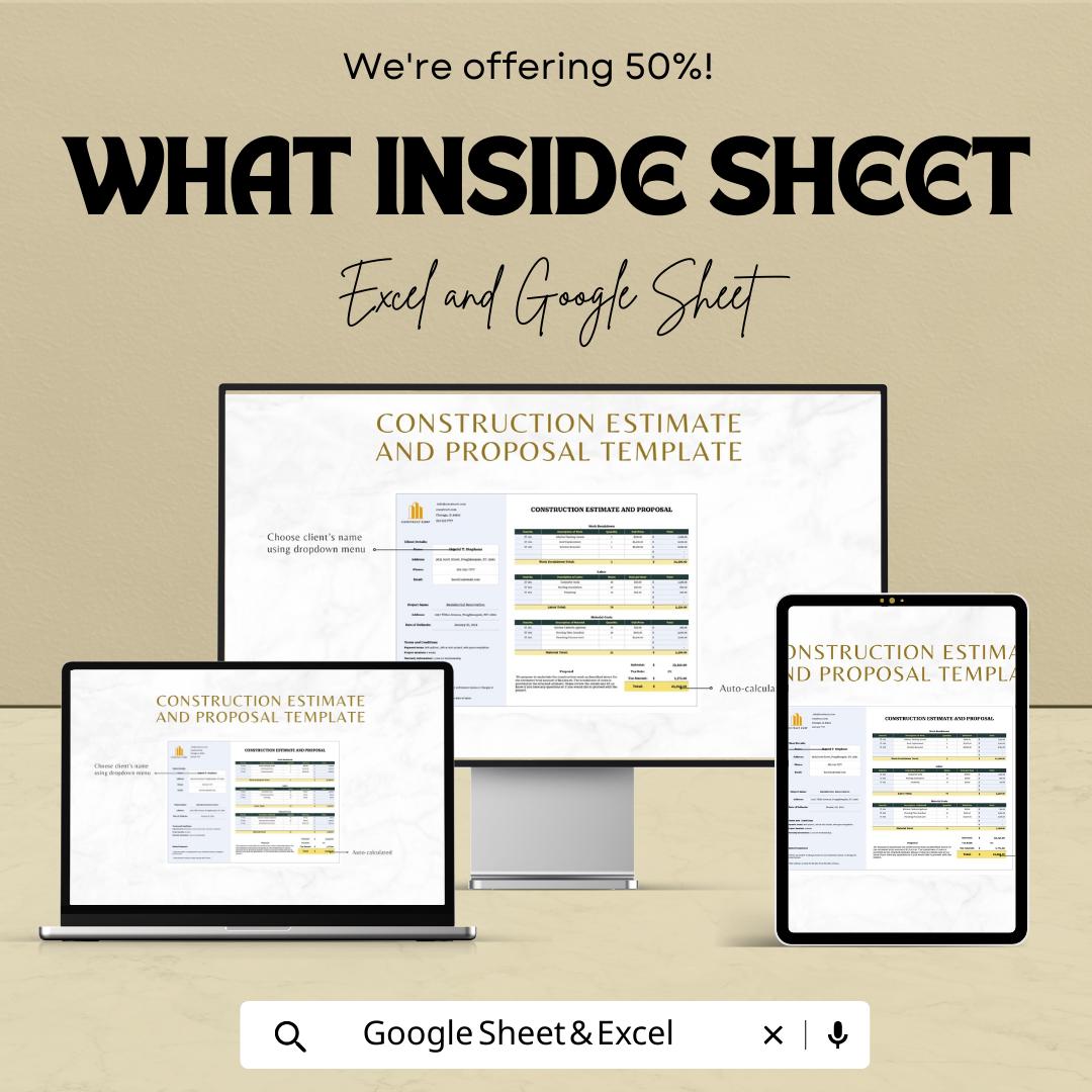 Construction Estimate and Proposal Template | Excel and Google Sheets Contractor Bid Sheet | Project Cost Breakdown & Client Proposal Form