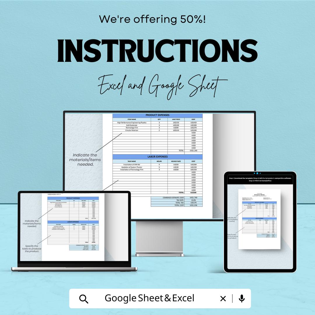 Sample IT Company Estimate Sheet – Excel and Google Sheets – Product & Labor Expense Breakdown – Customizable Template for Businesses