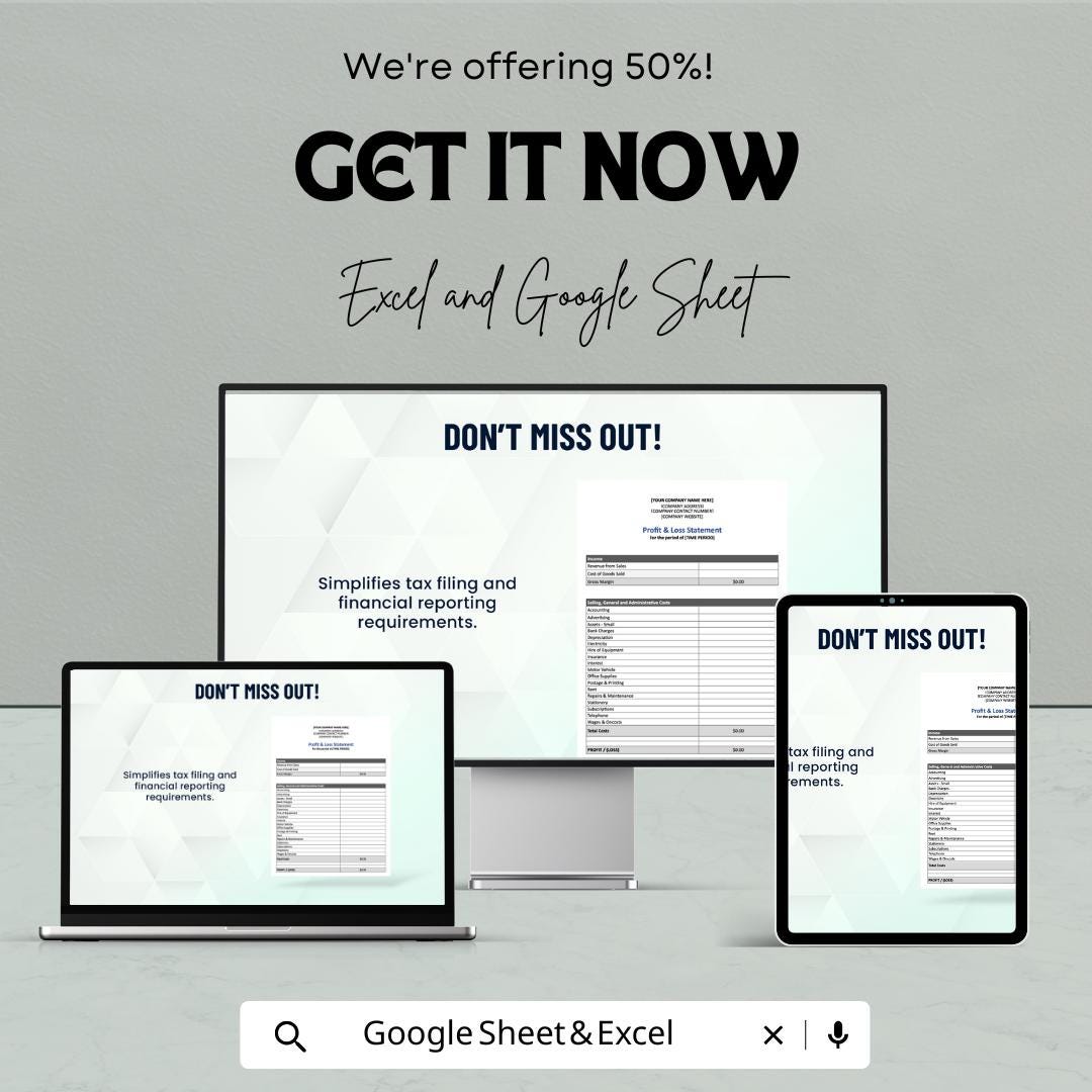 Profit and Loss Statement Sheet | Excel and Google Sheets | Business Finance Tracker | Printable P&L Template | Small Business Accounting