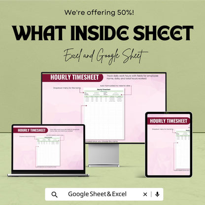 Hourly Timesheet Template | Excel and Google Sheets | Employee Work Hours Tracker | Time Log Sheet | Payroll Timesheet Form