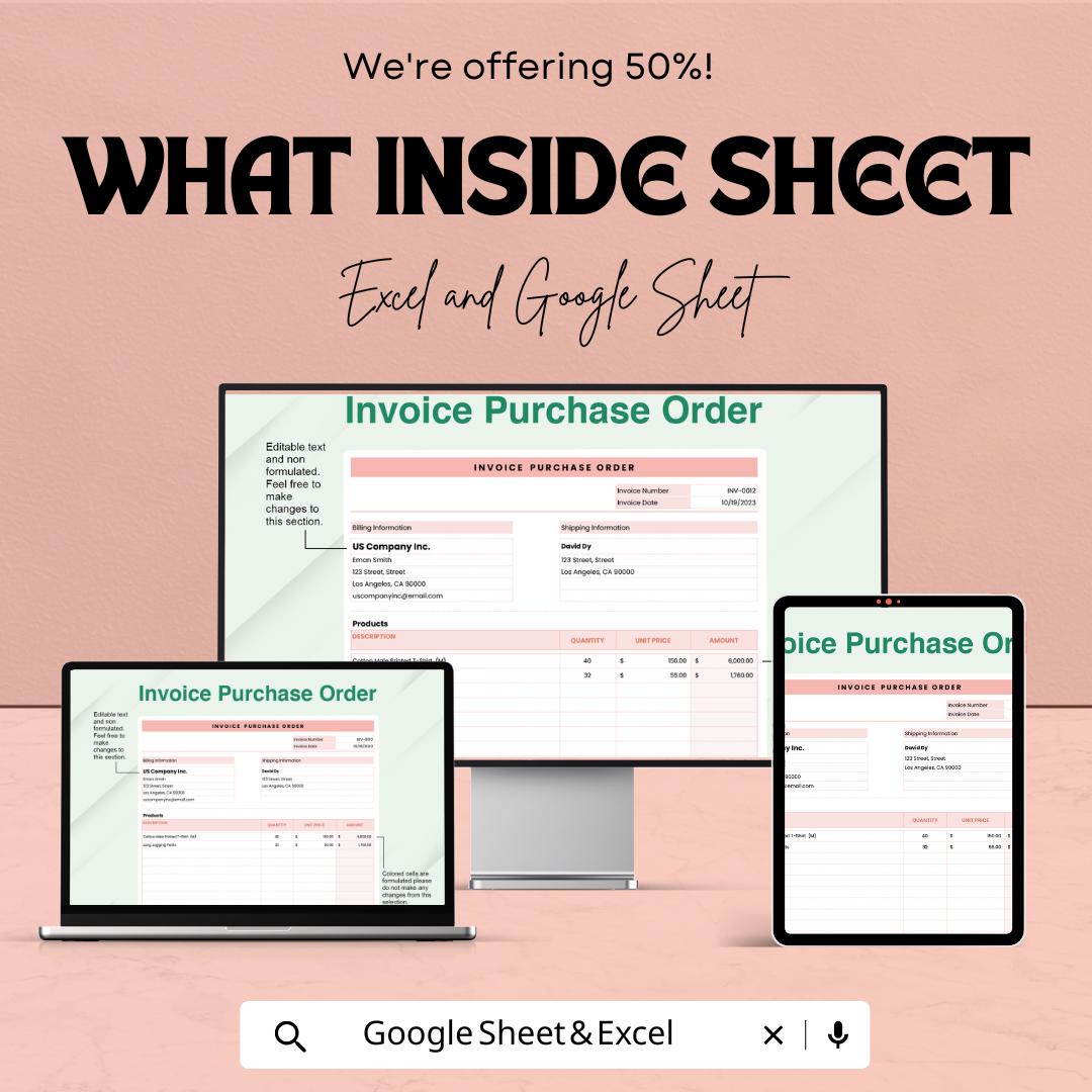 Invoice Purchase Order Template | Purchase Order Form | Business Procurement Spreadsheet | Excel & Google Sheets | Vendor Billing Template