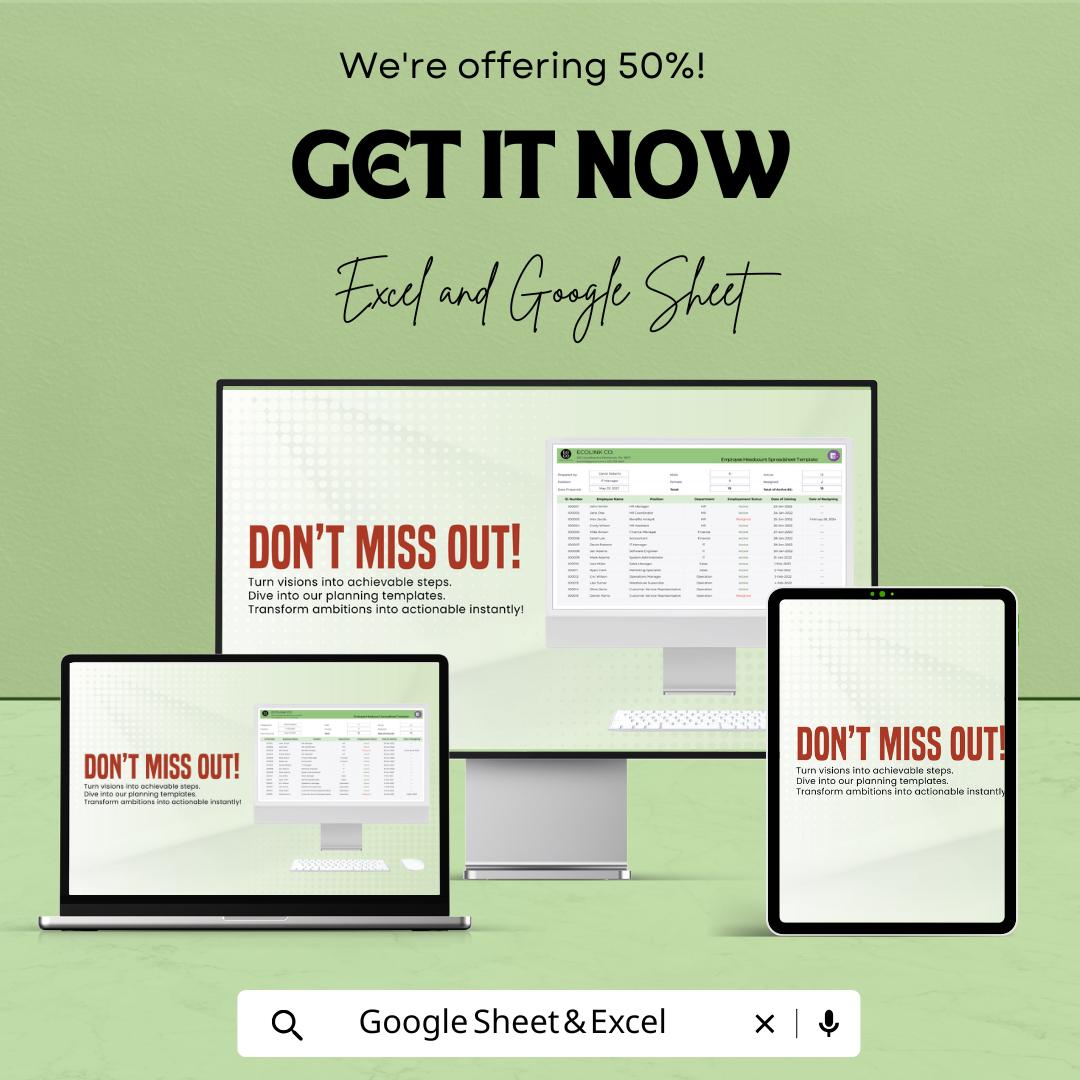 Employee Headcount Spreadsheet Template | Track Staff, Department & Employment Details | Google Sheets and Excel Compatible