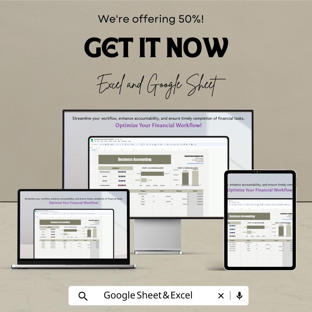 Business Accounting Spreadsheet - Excel & Google Sheet - Track Income, Expenses, and Profit - 50% Off
