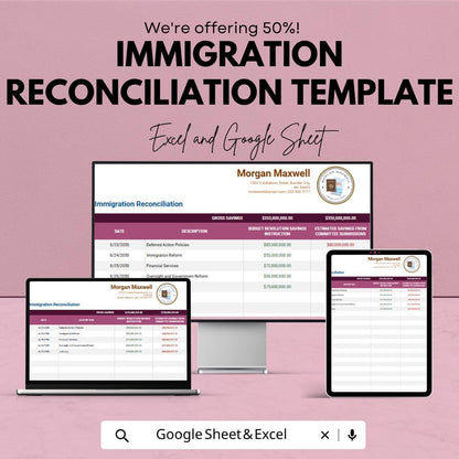 Immigration Reconciliation Template | Immigration Case Tracker Spreadsheet | Visa & Document Organizer | Excel and Google Sheets |