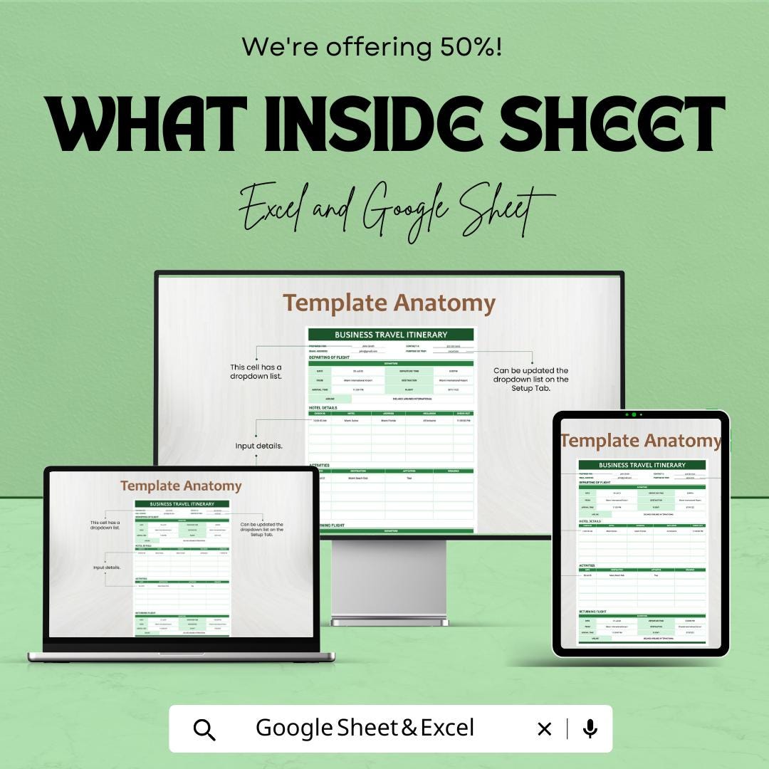 Business Travel Itinerary Template - Excel & Google Sheets - Easy-to-Use Travel Planner for Corporate Trips - Downloadable Template
