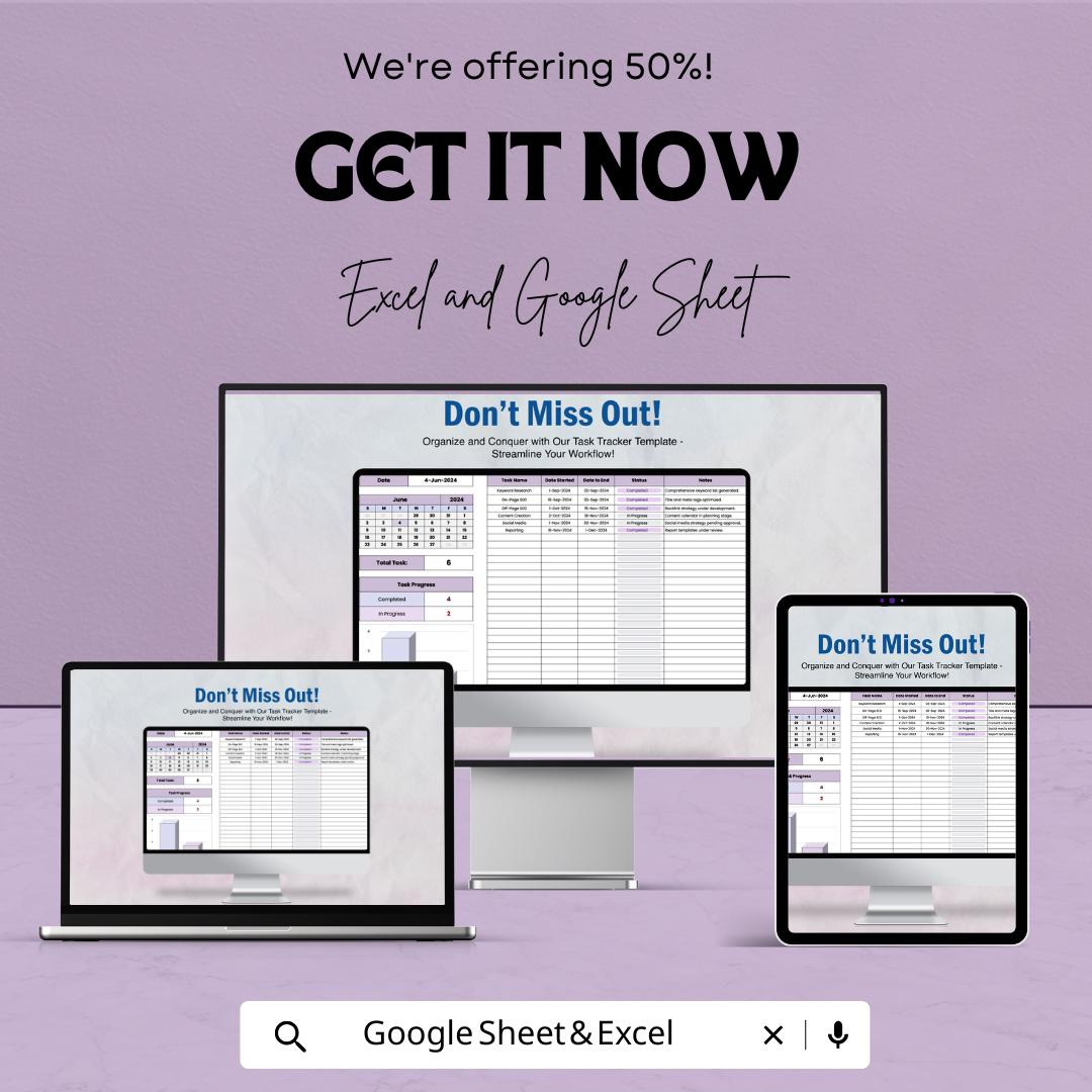 Task Tracker Sheet for Excel and Google Sheets | Project Organizer | Team & Personal Task Management | Digital Planner