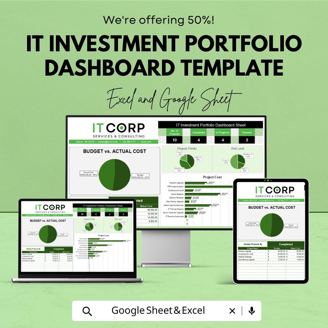IT Investment Portfolio Dashboard Sheet Template | IT Project Portfolio Tracker | Excel & Google Sheets | Budget vs Actual Cost Dashboard