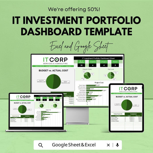 IT Investment Portfolio Dashboard Sheet Template | IT Project Portfolio Tracker | Excel & Google Sheets | Budget vs Actual Cost Dashboard