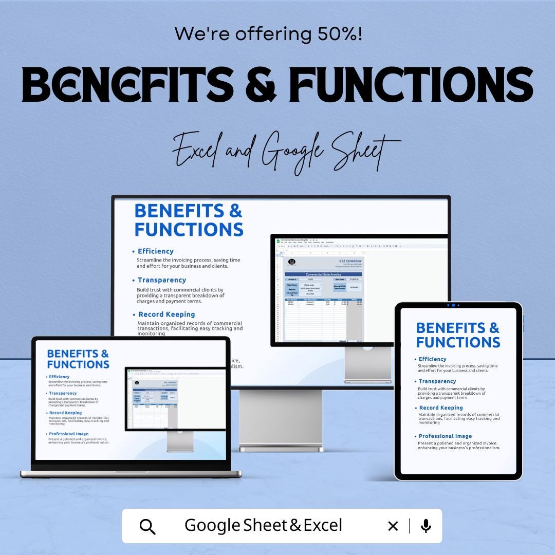Commercial Sales Invoice Template - Excel & Google Sheet | Customizable Invoice Tracker for Businesses | Professional Invoice Sheet |