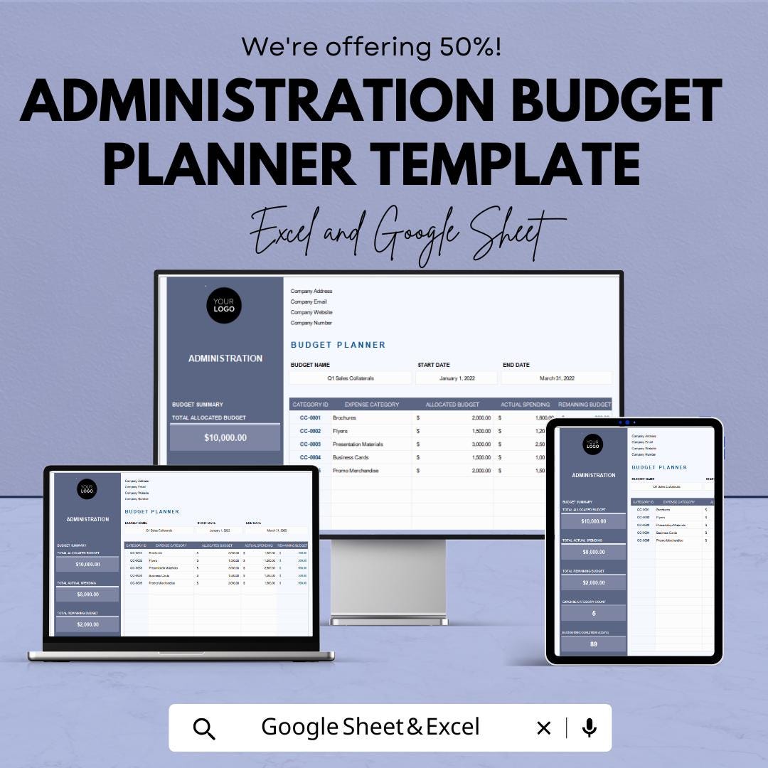 Administration Budget Planner Template | Expense Tracker | Income Forecasting | Business Budget Sheet | Financial Planner