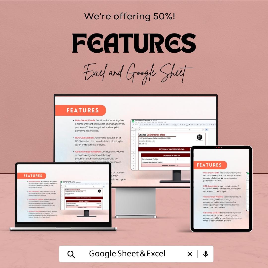 Procurement ROI Template Excel & Google Sheets | Cost Savings Calculator | Business ROI Tracker | Financial Analysis Spreadsheet