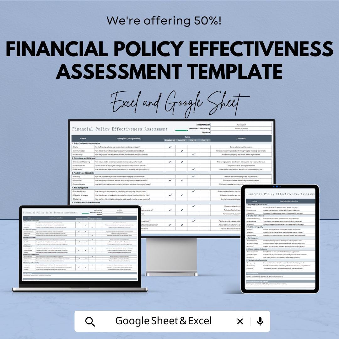 Financial Policy Effectiveness Assessment Template | Excel & Google Sheets | Policy Evaluation, Risk Assessment, Compliance Review Tool