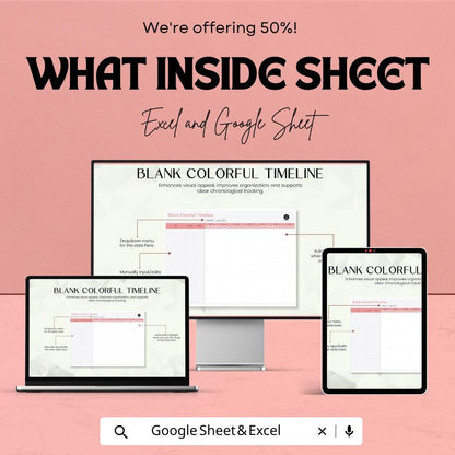 Blank Colorful Timeline Template | Excel & Google Sheet Planner | Project Schedule | Editable Chronological Tracker