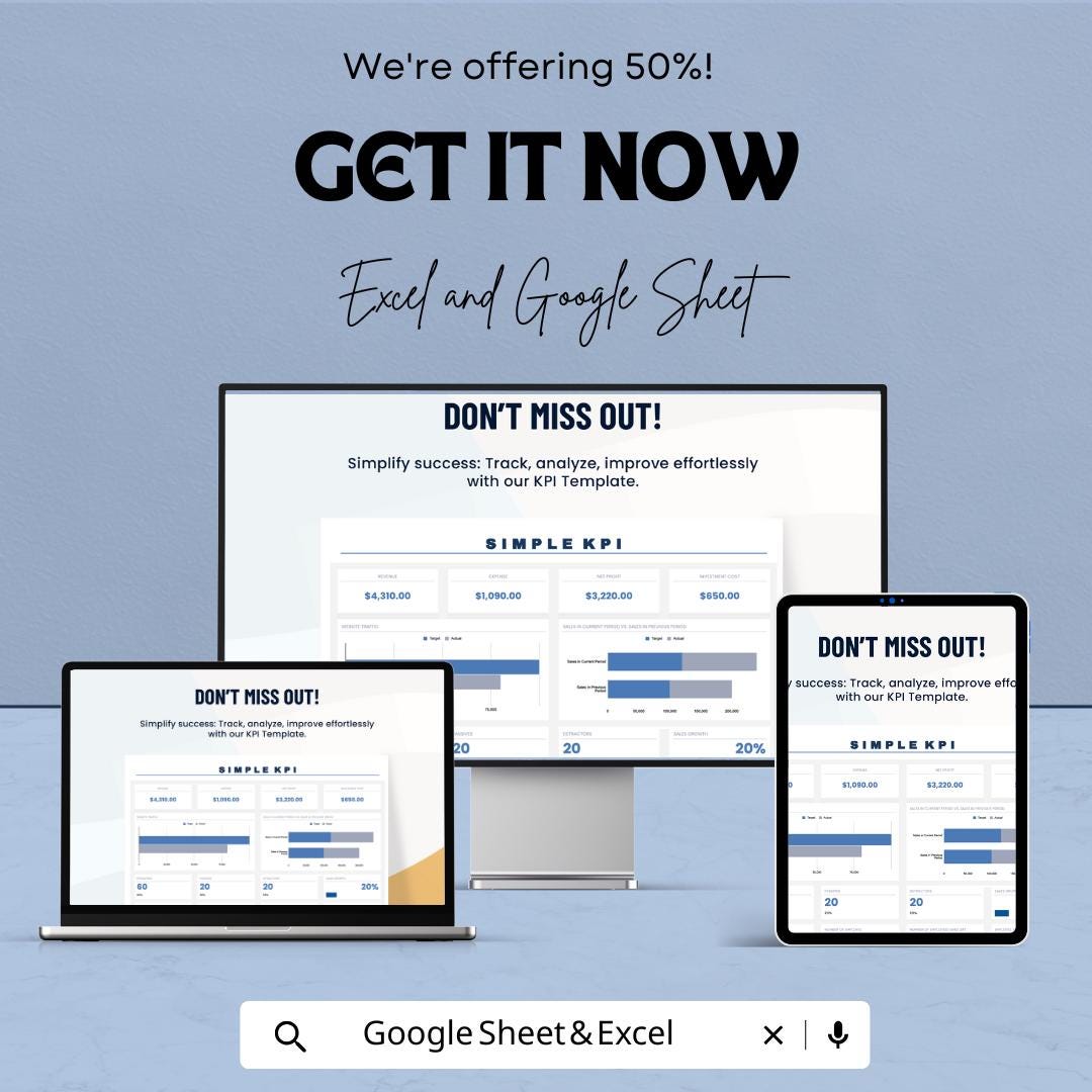 Simple KPI Template | KPI Dashboard Spreadsheet | Excel and Google Sheets KPI Tracker | Business Metrics Template | Revenue Expense