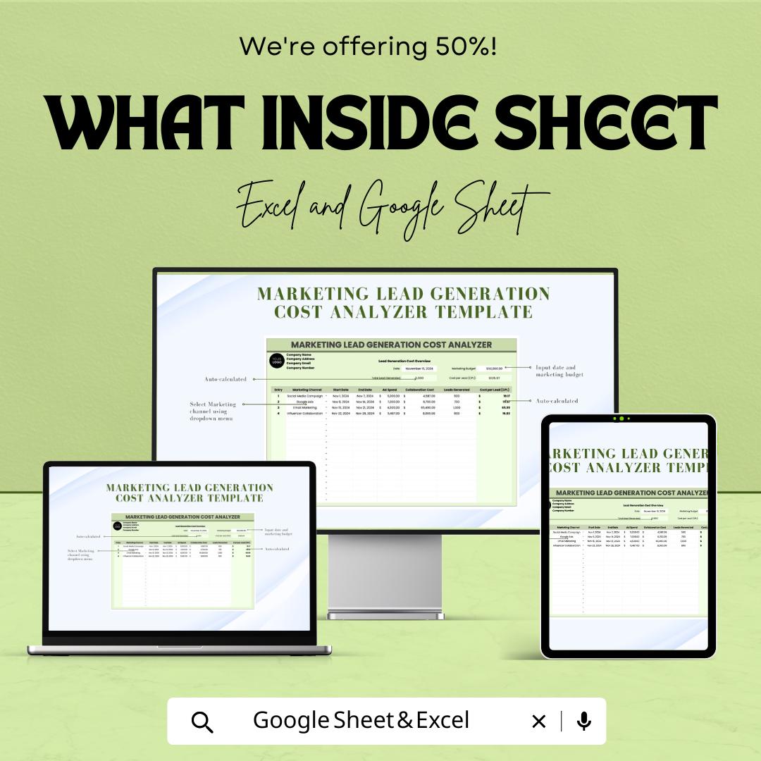 Marketing Lead Generation Cost Analyzer Template | Lead Cost Calculator | Lead Gen Budget Tracker | Marketing Cost Tracking Template