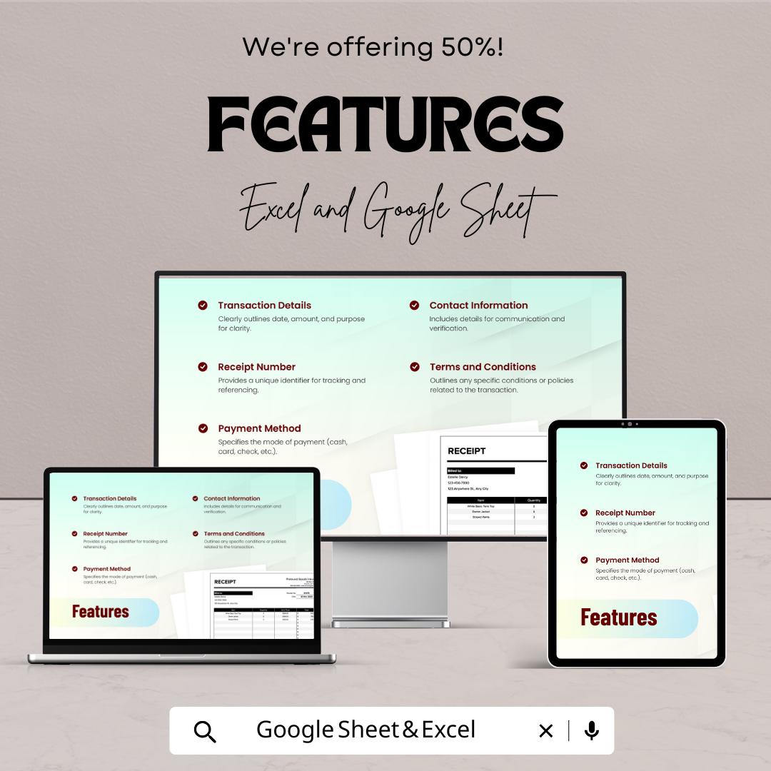 Receipt Template | Google Sheets and Excel | Printable Sales Receipt | Business Transaction Record | Editable Receipt Form