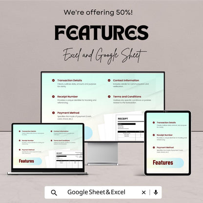Receipt Template | Google Sheets and Excel | Printable Sales Receipt | Business Transaction Record | Editable Receipt Form