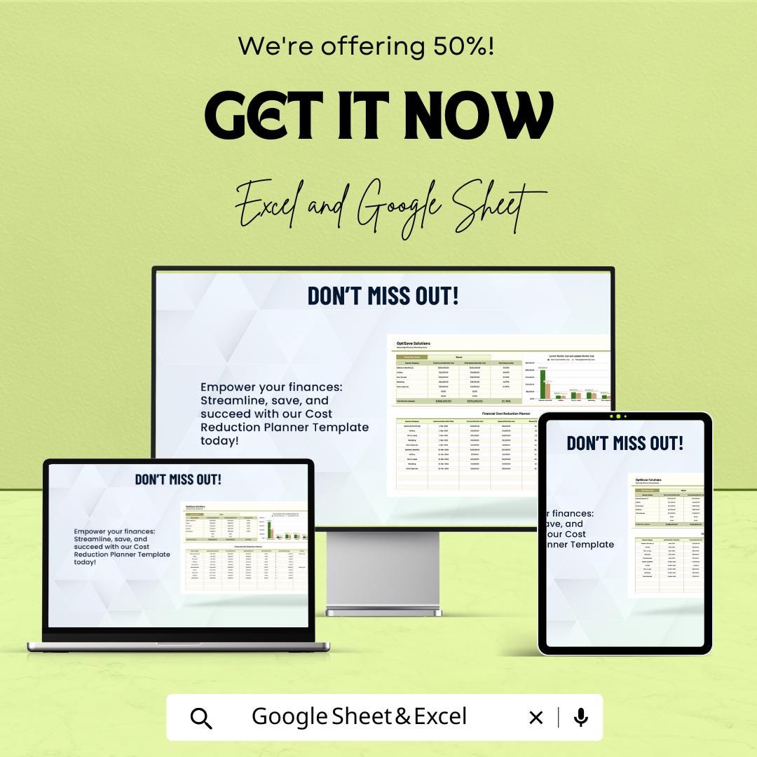 Financial Cost Reduction Planner Sheet | Excel and Google Sheet Template for Budgeting & Expense Management