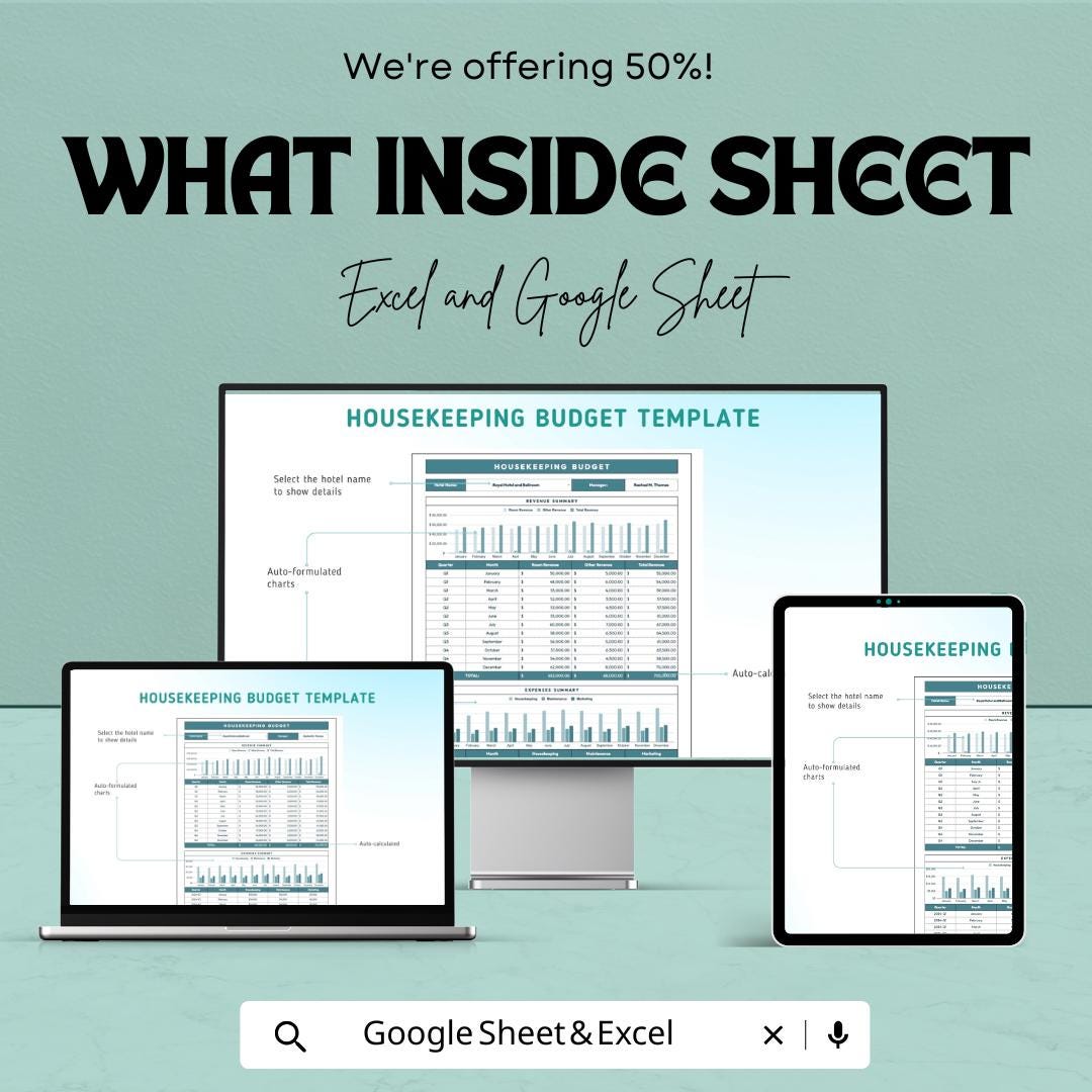 Housekeeping Budget Sheet Template | Excel and Google Sheets | Hotel Budget Management, Cleaning & Labor Costs, Expense Tracking