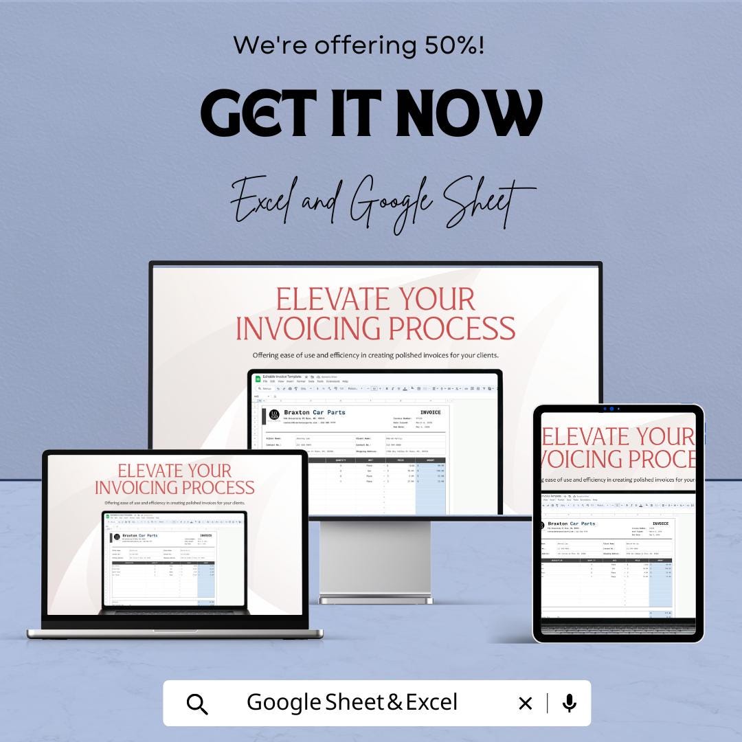 Editable Invoice Template | Excel and Google Sheets | Printable Invoice Form | Business Billing Template | Service and Product Invoice Sheet