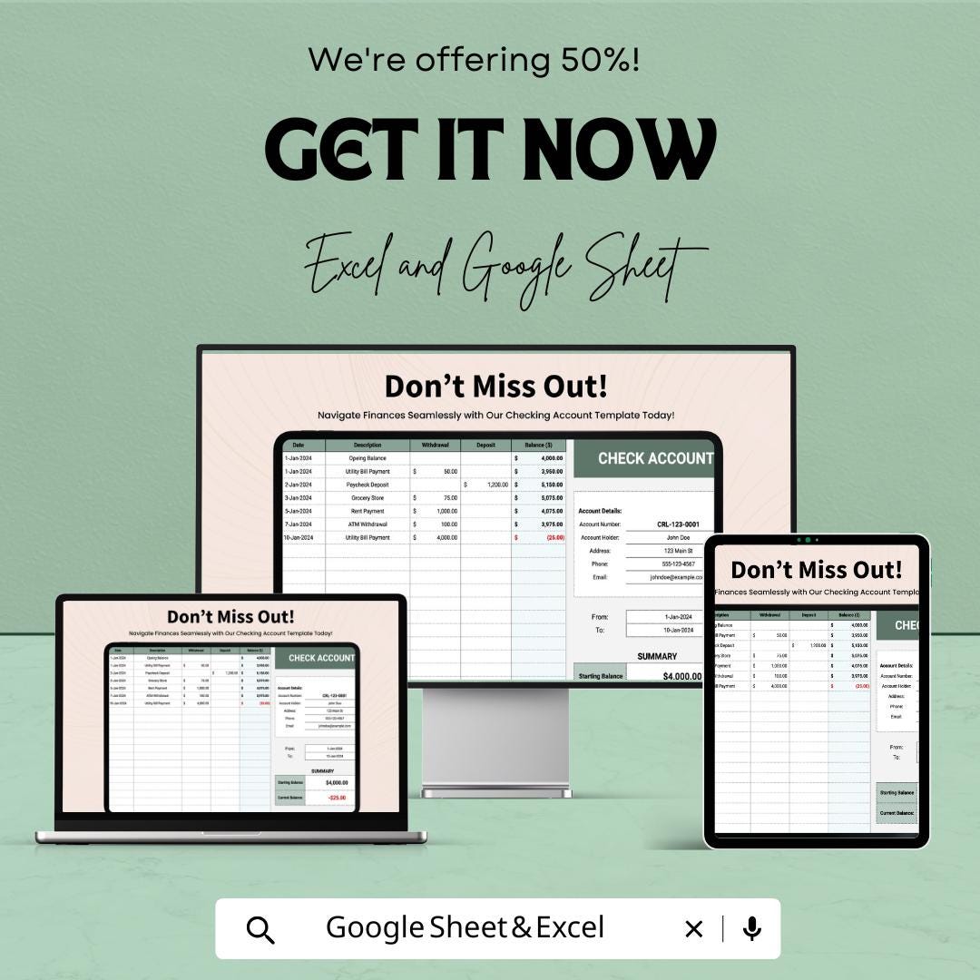 Checking Account Template | Excel and Google Sheets Check Register | Bank Account Tracker Spreadsheet | Budget and Transaction Log